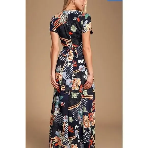 Lulus‎ Women’s Navy Floral Print Maxi Dress Sz S New Short Sleeve Garden Party ￼ - Picture 2 of 14